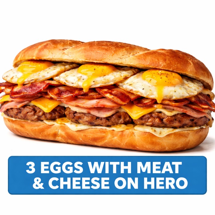 3 EGGS WITH MEAT & CHEESE ON HERO